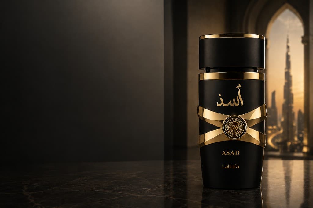 Lattafa Asad luxury fragrance bottle with city skyline