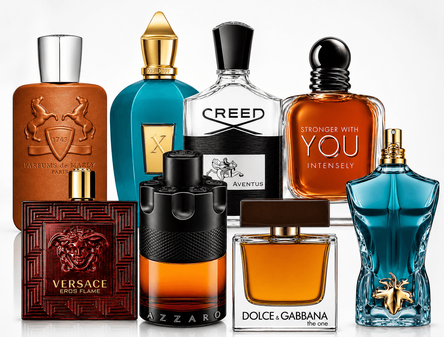 A curated arrangement of signature fragrance bottles